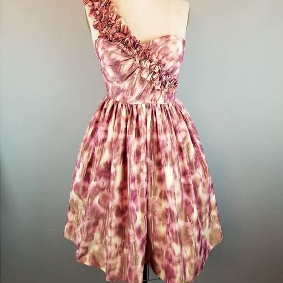 Maggy London One shoulder Ruffle  full pink print dress 2 - Picture 10 of 10